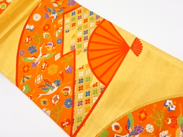 リサイクル　扇子に鶴・宝尽くし・古典柄模様織出し袋帯